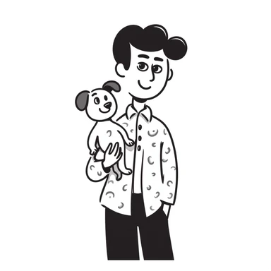 Mexican man with black hair and brown eyes wearing a shirt and black pants, holding a small white dog with one brown ear sticker