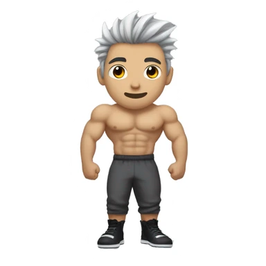 generate me an emoji that looks like a very bulky japanese bodybuilder with a scar on the left side of his lips, black spiky hair and eyes, a black slim fit  t-shirt and long baggy light grey japanese pants and black shoes sticker