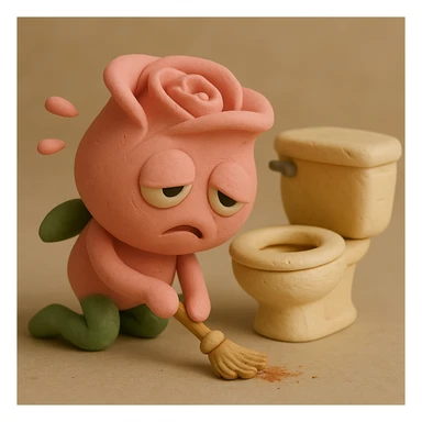 Adjust so both hands match in color, keeping the same claymation style, soft pink rose flower character with droopy eyes, exhausted face, slumped posture, sweeping with a tiny broom. All other details stay the same. sticker