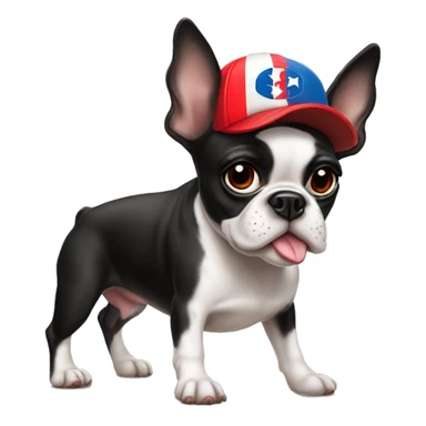 Boston terrier with a Puerto Rico baseball hat sticker