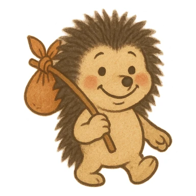 emoji of a smiling hedgehog from a Soviet cartoon, holding a bindle, in the style of Soviet animation with soft colors, transparent background sticker