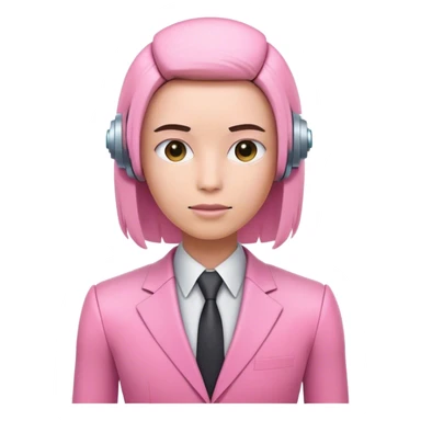 robotic human office worker in all pink suit with human hair sticker