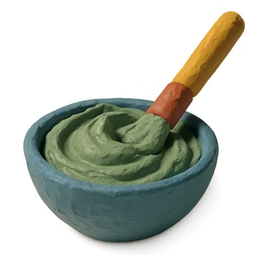 a bowl of clay mask with a brush, claymation style sticker