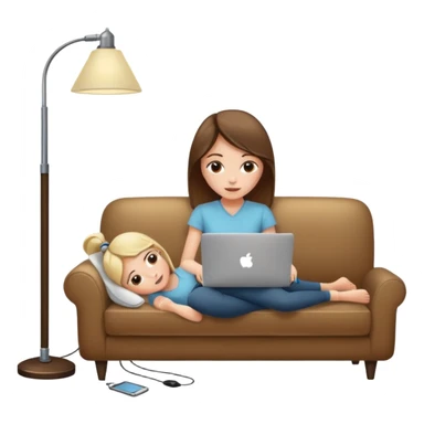 A girl is working with a laptop while lying on a sofa, with a floor lamp to the right. sticker