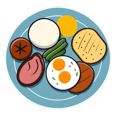 A colorful plate with protein foods: meat, egg, beans, tofu, and yogurt served together. sticker