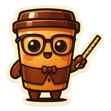 Tall coffee cup, pointing with ruler, dressed as a teacher sticker