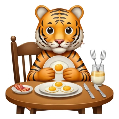 Tiger sitting by a table on a chair with a plate of 2 eggs and bacon in front of him on the table place setting sticker