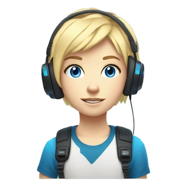 Blonde Short hair Gamer kid flat nose thin eyebrows with blue eyes with headset and gamepad with neon Lighting sticker