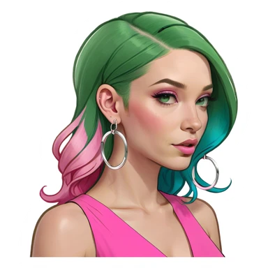 Realistic pink woman with long PINK & blue hair sticker