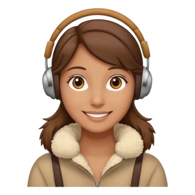 A girl wearing beige ear muffs, tan skin, brown hair, brown eyes smiling sticker