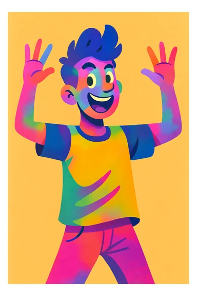 Make the man's skin colorful, with vibrant, lively hues and a playful, artistic look, keeping the energetic style and expression. sticker