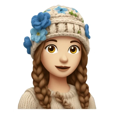 beautiful finnish brown hair woman with blue eyes knitting floral hat sticker