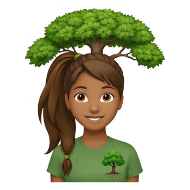 Make a zumba coach emoji, brown eyes, brown hair girl, green shirt withe "the roots" on it, longer pony tail hair, add the tree logo for the roots sticker