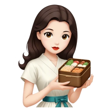 Beautiful woman in 1950’s woman fashion look, white dress, long dark brown hair, Japanese bento sticker