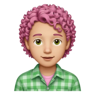 emoji of a young man with light skin, big brown eyes, soft smile with braces, full pink lips, curly hair, warm gaze, wearing a green and white buttoned-up shirt sticker