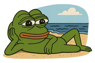 3D Pepe the Frog lying down near the beach, transparent background, PNG sticker