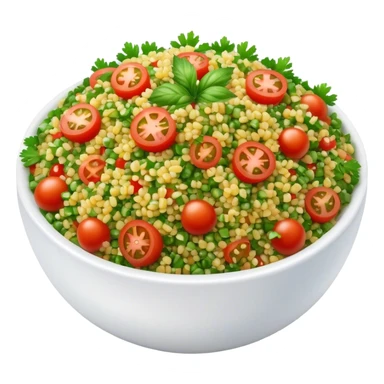 Cinematic Realistic Tabbouleh Salad Dish Emoji, showcasing a fresh herbaceous salad with bulgur, tomatoes, and parsley rendered with crisp textures and natural, vibrant lighting. sticker