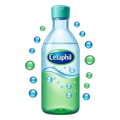 Cetaphil white bottle with light green flip cap and blue-green label, glowing softly. Surrounded by tiny light orbs and silky sparkles flowing like hydration waves. Feels like a gentle skin shield potion in a glossy, minimalist flask. sticker
