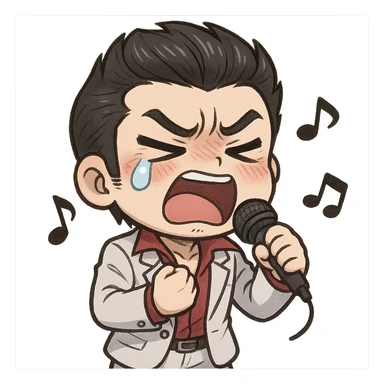 chibi Kiryu, big head, tiny body, singing with passion, eyes squeezed shut, mouth open, dramatic tear, blushed cheeks, fist at chest, holding microphone, music notes, white suit, red shirt, slicked-back hair, cute and comedic, chibi style sticker