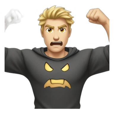 light haired angry young man in dark t-shirt with fists clenched over his head sticker