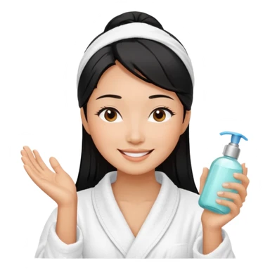 A black-haired East Asian woman smiling with a satisfied, relaxed expression. She is wearing a bathrobe, in the middle of her skincare routine, and her skin looks radiant. sticker