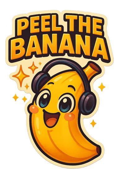 Funny cartoon banana, big happy smiling face, wearing tiny headphones, wide excited eyes, tiny sparkles around, text above: "NE BANANA", chibi style, Twitch emoji style, colorful, transparent background sticker