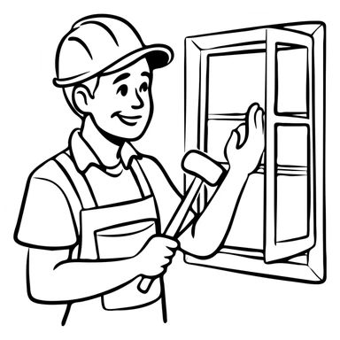 Window repair craftsman smiling while holding a small rubber mallet in his hand, looking at window he's fixing sticker