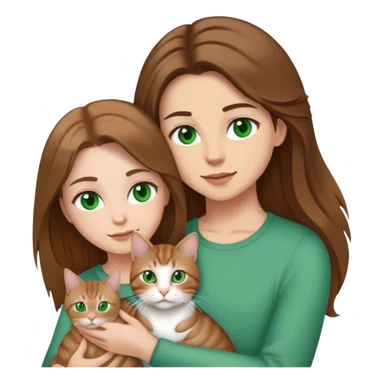 white couple with brown hair, woman has long hair and green eyes .they’re holding a tabby cat  sticker