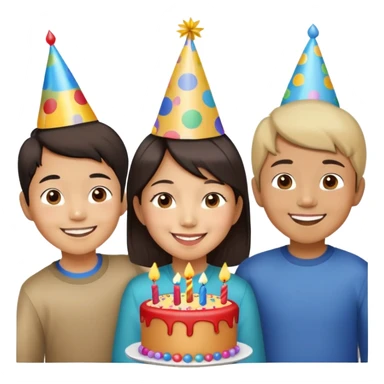 Asian American woman with two boys 3 and 6 years old celebrating birthday  sticker
