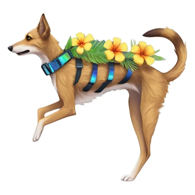  brindle brown black maroon striped lurcher Alsatian fox running blue eyes and iridescent holographic oilslick harness wearing paper iridescent tropical flower crown yellow caution tape sticker