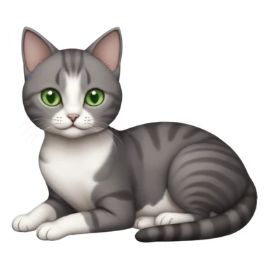 full body tiny short hair dark grey and white cat with white front legs and green eyes lying down sticker