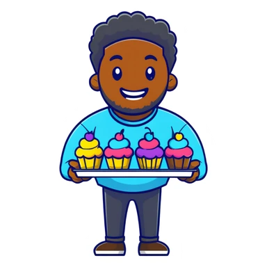 Cheerful large African American man holding colorful cupcakes sticker