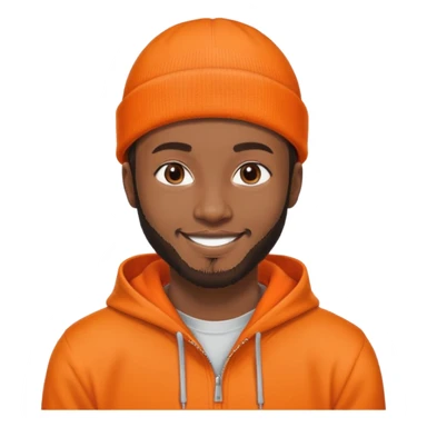 African yound man in his late 20s with a beanie and a bright smile with a short boxed beard, and a low cut hair, orange hoody sticker