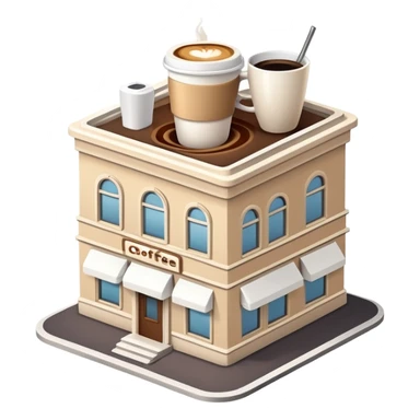 generate realistic detailed building with coffee cup on the top in 3d style sticker