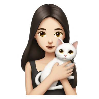 A pale girl with dark brown hair and dark brown eyes holds and kisses a white cat in her hands  sticker
