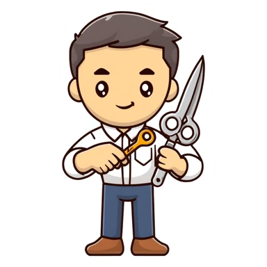 A Ukrainian man in a white embroidered shirt holds a spanner in one hand and scissors in the other sticker