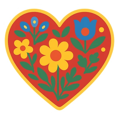 Red heart with Slavic folk art, bold nature motif, featuring bright folk colors and simple geometric flowers and leaves. The design is easily recognizable when downsized and includes a border around the heart. sticker