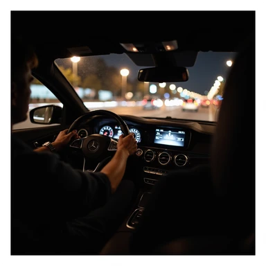 Mercedes E63 2024, driver's perspective from inside, left hand on wheel, night, Bucharest city lights, motion blur, photorealistic sticker