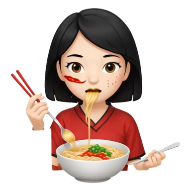 girl with black hair in short sleeves eating noodles with a spoon and chopsticks sticker
