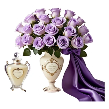 A luxurious bouquet of delicate light violet Ascott tea roses, carefully arranged in an elegant ivory porcelain vase, placed next to a deep purple satin fabric that drapes gracefully. A stunning lavender butterfly with intricate wing patterns rests gently on one of the roses. An exquisite ivory silk ribbon cascades across the scene, intertwining with a vintage-style perfume flacon in a pearlescent hue, adorned with an ornate golden atomizer, evoking timeless elegance sticker