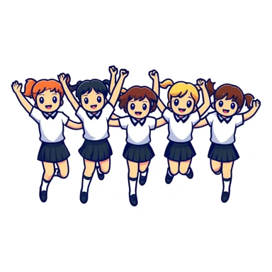 six girls in school uniforms jumping together sticker