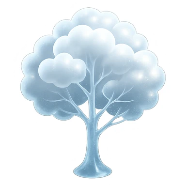 one tree with many branches and a white trunk, crown made of small very bright white fluffy convex clouds, matte glass style sticker