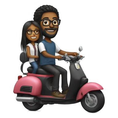Boy with long hair, beard, and glasses, riding a black scooter with a girl wearing glasses on the back sticker