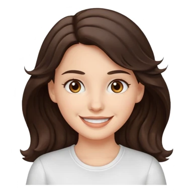 A White girl with wavy and dark hair, light brown eyes and a white shirt smiling sticker
