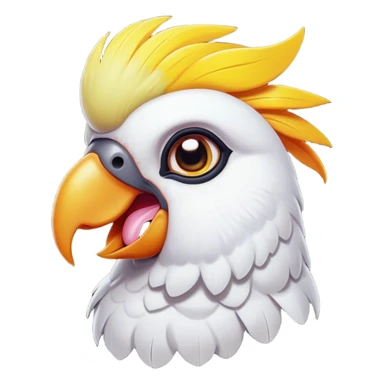 Cinematic Comical Cockatoo Portrait Emoji, Head tilted dramatically with an exaggeratedly shocked expression, featuring a striking, crest-adorned head with wide, comically expressive eyes full of playful disbelief and a vibrant, animated beak, Simplified yet hilariously expressive features, highly detailed, glowing with a slightly sassy tropical glow, high shine, dramatic yet playful, stylized with an air of cheeky avian mischief, soft glowing outline, capturing the essence of a meme-worthy cockatoo that looks ready to squawk its way into viral fame! sticker