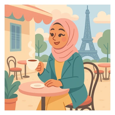 A hijabi woman enjoying coffee at a Parisian café terrace, with the Eiffel Tower in the background, chic and fashionable, soft pastel colors. sticker