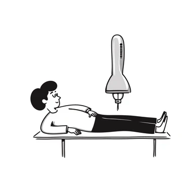 Detailed illustration of DEXA scan procedure with male patient lying on table, bone density measurement machine with scanning arm positioned over patient's body sticker