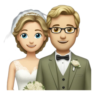 Wedding couple. Bride has brown hair pinned up. She wears lace dress. She has blue eyes. Groom has olive green suit and brown vest. He has blond hair. He wears glasses. He has blue eyes too. sticker