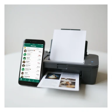 realistic thumbnail for a WhatsApp print out service, smartphone on the left with WhatsApp chat showing multiple file types, printer on the right printing out images and documents, clean background sticker