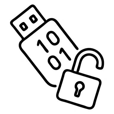 outlined icon of a USB drive and broken lock combined, tilted down-left, transparent look, gray and black, with 1s and 0s inside sticker